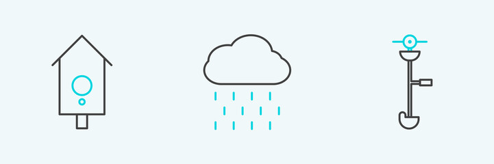 Set line Grass and weed electric string trimmer, Retro wall watch and Cloud with rain icon. Vector