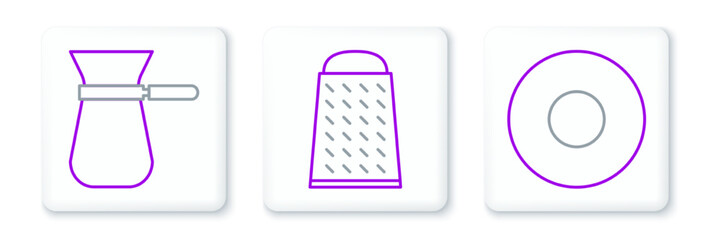 Set line Plate, Coffee turk and Grater icon. Vector