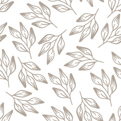 Vector seamless pattern with hand drawn herbal leaves on white background