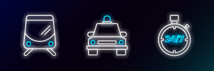 Set line Stopwatch 24 hours, Tram and railway and Taxi car icon. Glowing neon. Vector