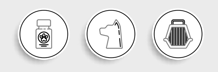 Set line Pet carry case, Dog medicine bottle and pills and Cat icon. Vector