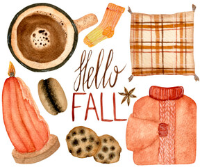 Collection of watercolor autumn elements. Sweater, coffee cup, candle, food, pillow, text isolated on white background.