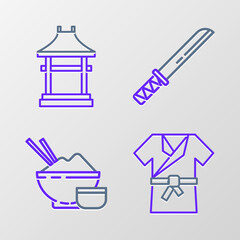 Set line Japanese costume Kimono, Rice in bowl with chopstick, Traditional katana and Gate icon. Vector
