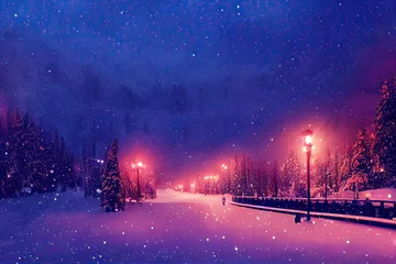 Fotobehang besneeuwde weg, prachtig winterwonderland, kerstnacht, illustratie © Imagination Station