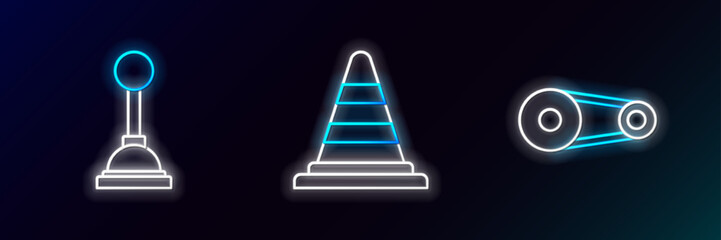 Set line Timing belt kit, Gear shifter and Traffic cone icon. Glowing neon. Vector