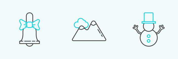 Set line Christmas snowman, Merry ringing bell and Mountains icon. Vector
