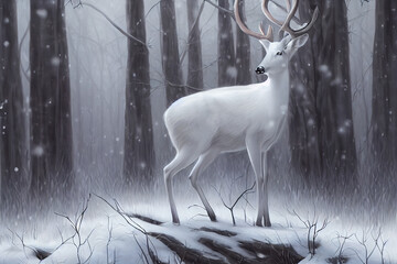 Beautiful white deer, winter Generative AI Art illustration, snow covered woods 