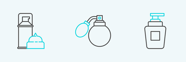 Set line Bottle of shampoo, Shaving gel foam and Aftershave bottle with atomizer icon. Vector