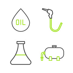 Set line Oil industrial factory building, petrol test tube, Gasoline pump nozzle and drop icon. Vector