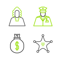 Set line Hexagram sheriff, Money bag, Police officer and Judge icon. Vector