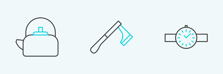 Set line Wrist watch, Kettle with handle and Wooden axe icon. Vector