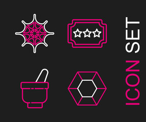 Set line Magic stone, mortar and pestle, Ticket and Spider web icon. Vector