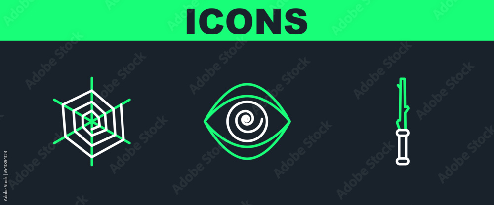 Poster Set line Magic wand, Spider web and Hypnosis icon. Vector