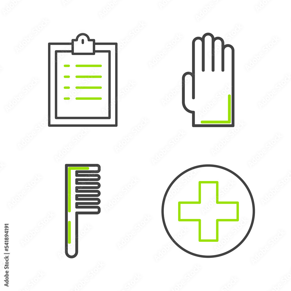 Wall mural Set line Cross hospital medical, Hairbrush, Rubber gloves and Clipboard with checklist icon. Vector