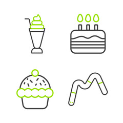 Set line Jelly worms candy, Cupcake, Cake with burning candles and Milkshake icon. Vector