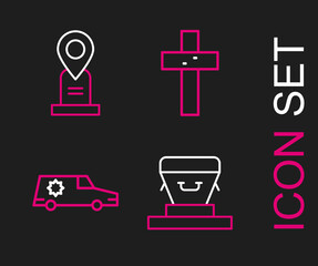 Set line Coffin, Hearse car, Christian cross and Location grave icon. Vector