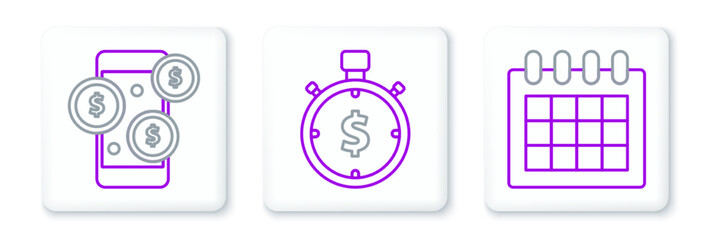 Set line Calendar, Smartphone with dollar symbol and Time is money icon. Vector