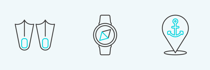 Set line Location with anchor, Rubber flippers and Compass icon. Vector © Oksana