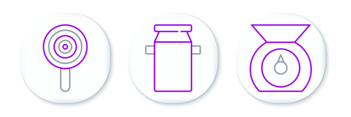 Set line Scales, Lollipop and Can container for milk icon. Vector