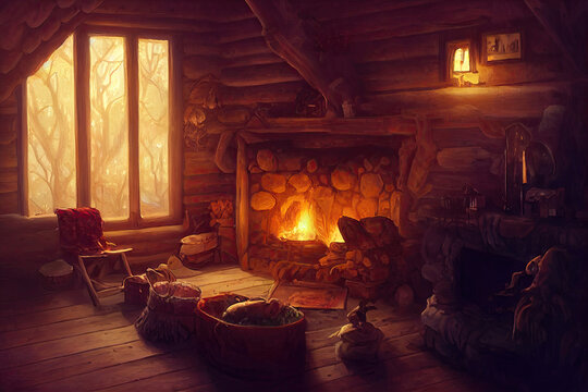 Warm and cozy fireplace in winter log cabin, christmas time, illustration