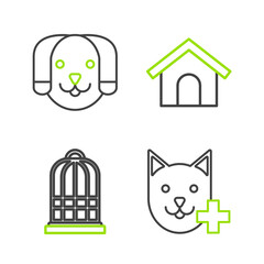 Set line Veterinary clinic symbol, Cage for birds, Dog house and icon. Vector