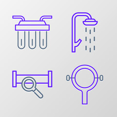 Set line Filter wrench, Industry metallic pipe, Shower and Water filter icon. Vector