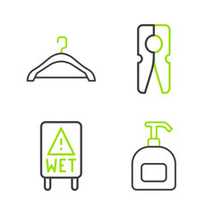 Set line Bottle of liquid soap, Wet floor, Clothes pin and Hanger wardrobe icon. Vector