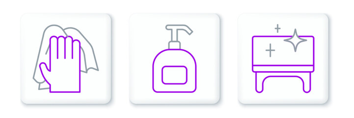Set line Clean table, Cleaning service and Bottle of liquid soap icon. Vector