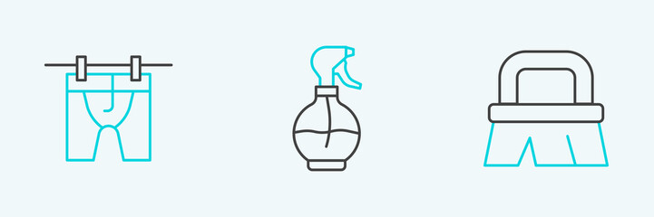 Set line Brush for cleaning, Drying clothes and Water spray bottle icon. Vector
