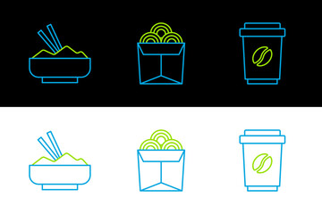 Set line Coffee cup to go, Rice in a bowl with chopstick and Noodles box icon. Vector