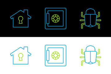 Set line System bug, House under protection and Safe icon. Vector