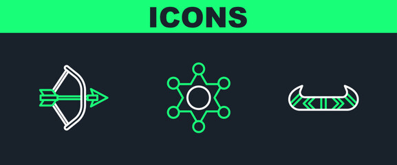 Set line Kayak or canoe and paddle, Bow arrow in quiver and Hexagram sheriff icon. Vector
