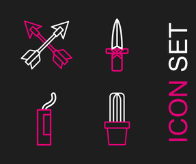 Set line Cactus peyote in pot, Dynamite bomb, Dagger and Crossed arrows icon. Vector