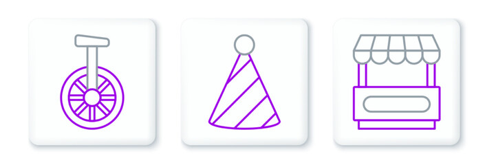 Set line Fast street food cart, Unicycle or one wheel bicycle and Party hat icon. Vector © Oksana