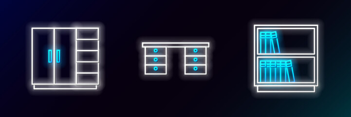 Set line Library bookshelf, Wardrobe and Office desk icon. Glowing neon. Vector