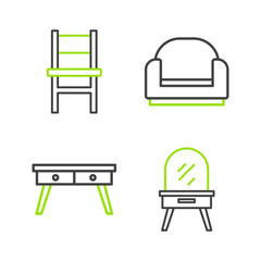 Set line Dressing table, Office desk, Armchair and Chair icon. Vector