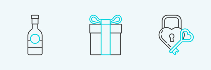 Set line Castle in the shape of a heart and key, Champagne bottle and Gift box icon. Vector