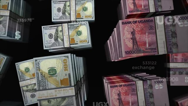 American Dollar and Uganda Shilling money exchange. Banknotes pack bundle. Concept of trade, economy, competition, crisis, banking and finance. Notes loopable seamless 3d.