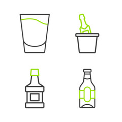 Set line Beer bottle, Whiskey, Champagne in an ice bucket and Shot glass icon. Vector