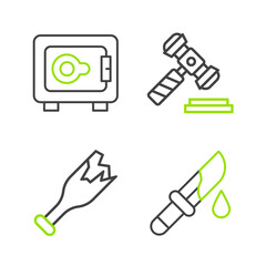 Obraz premium Set line Bloody knife, Broken bottle as weapon, Judge gavel and Safe icon. Vector