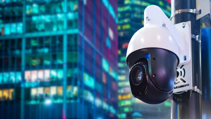 City video surveillance system. Camera for surveillance of inhabitants of city. Concept of urban...