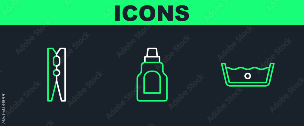 Sticker Set line Temperature wash, Clothes pin and Bottle for cleaning agent icon. Vector