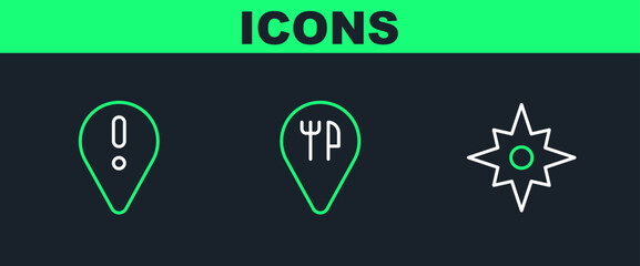 Set line Wind rose, Location with exclamation mark and Cafe and restaurant location icon. Vector