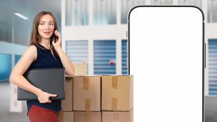 Rental Storage container. Woman and big phone. Girl with boxes rents Storage. Phone blank screen....