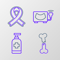 Set line Human broken bone, Antibacterial soap, Ultrasound and Awareness ribbon icon. Vector