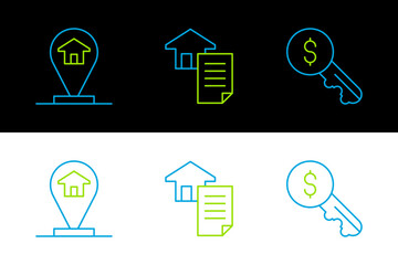 Set line Rent key, Location house and House contract icon. Vector