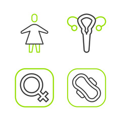Fototapeta premium Set line Sanitary napkin, Female gender, reproductive system and icon. Vector