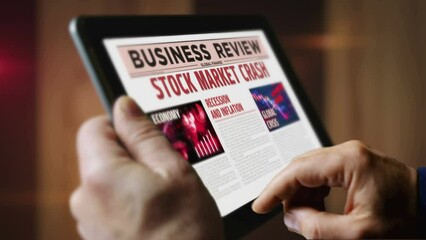 Stock market crash, recession and business crisis daily newspaper reading on mobile tablet computer screen. Man touch screen with headlines news abstract concept 3d.
