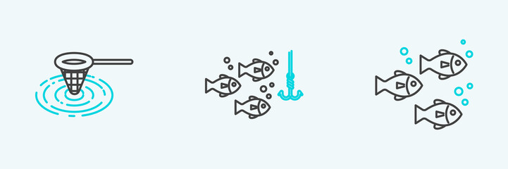 Obraz premium Set line Fish, Fishing net in water and hook under with fish icon. Vector