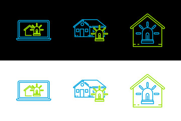 Set line Smart house and alarm, Laptop with smart and icon. Vector